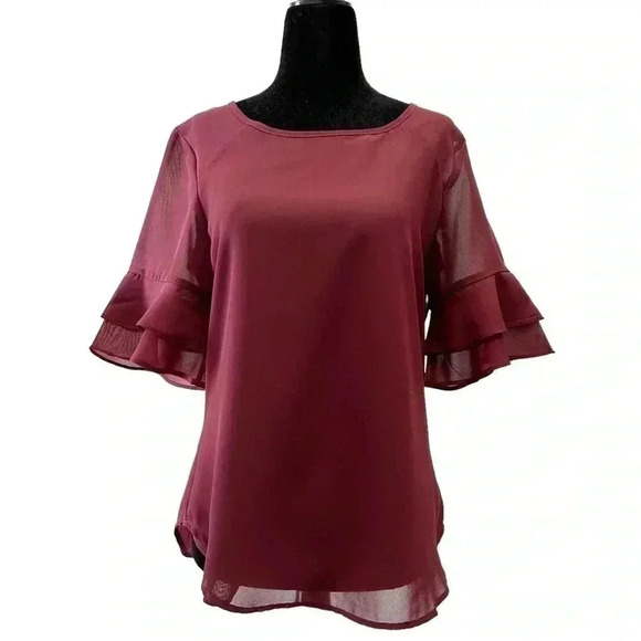 Ricki’s Blouse  Short Sleeve Sheer Flowy Ruffle Sleeves Burgundy Size Small - Picture 2 of 16